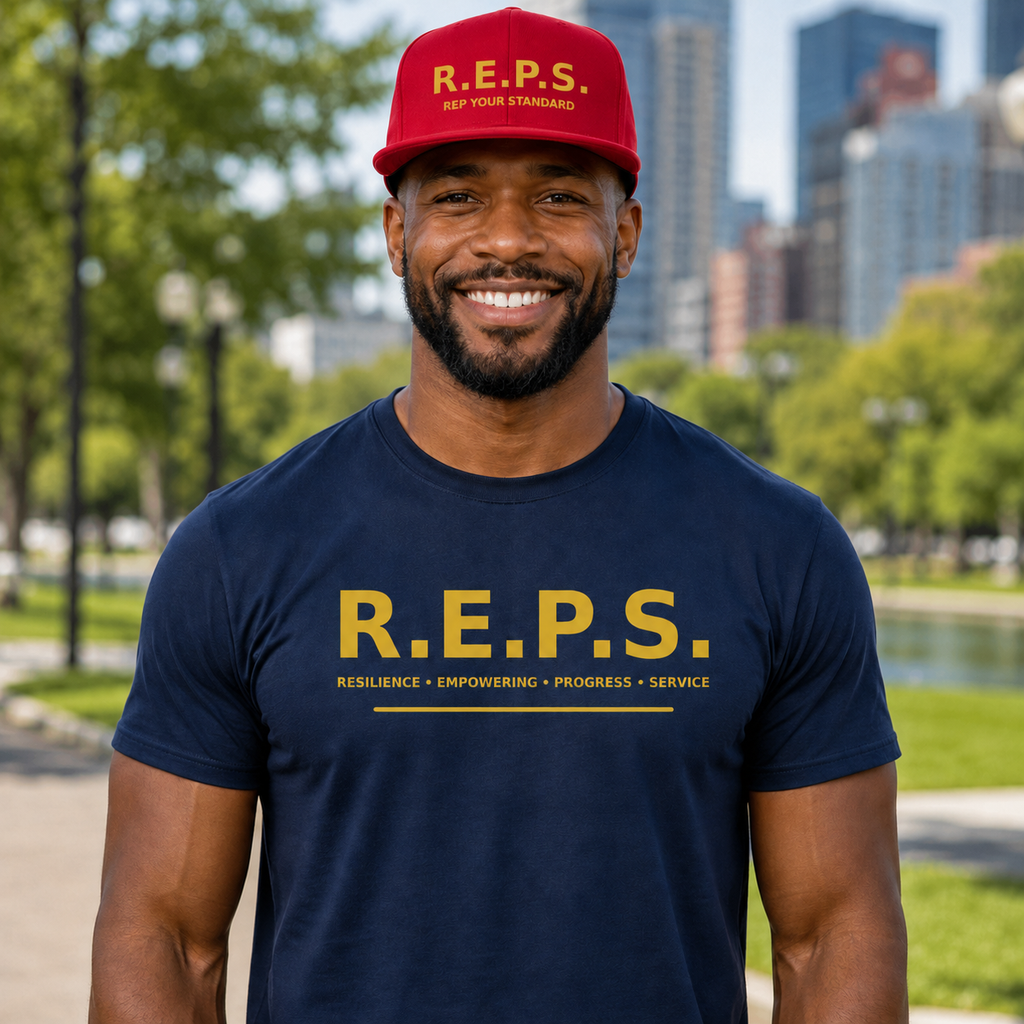 Man wearing the deep red R.E.P.S. Rep Your Standard snapback with a navy R.E.P.S. shirt